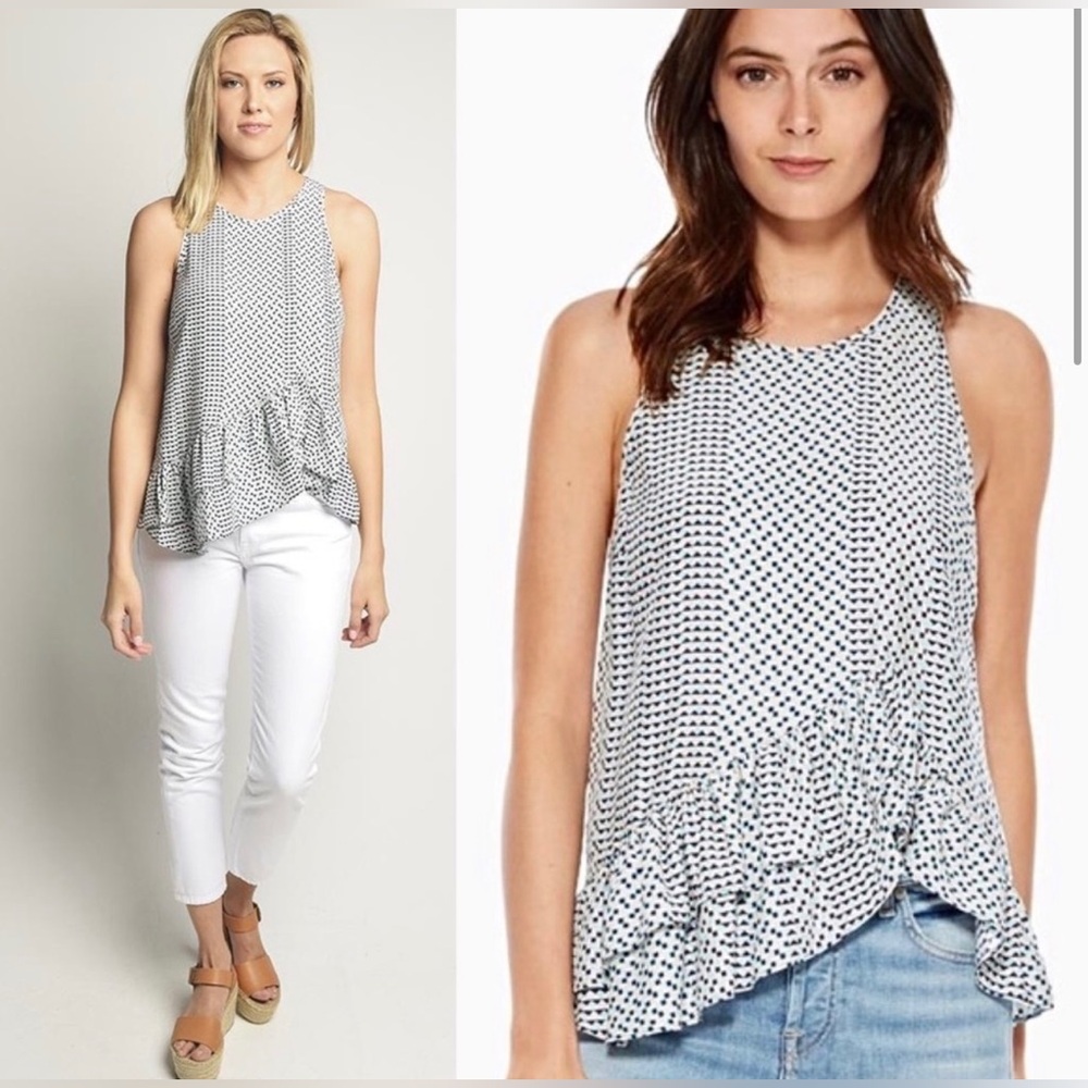 PARKER Ginny Top Blouse Shirt Asymmetric Ruffle Hem Geometric Blue White Pink